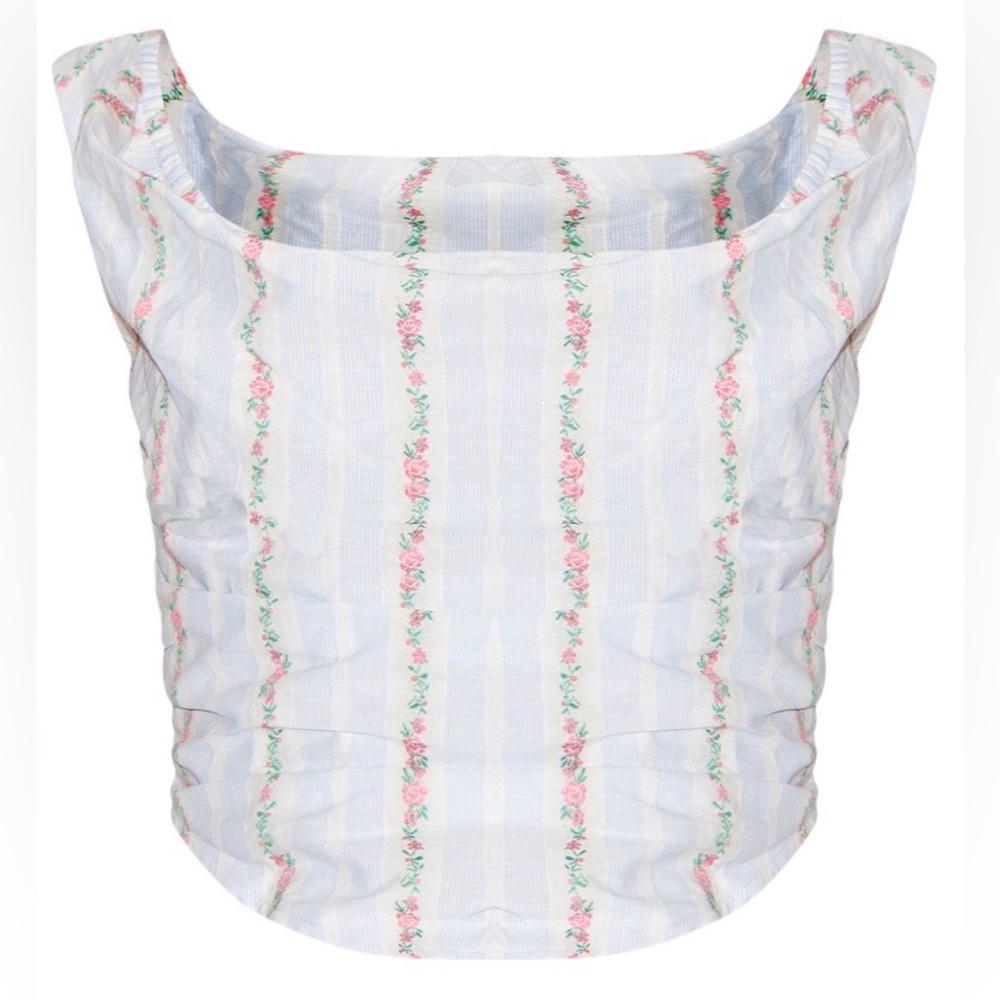 PrettyLittleThing Pastel Blue Stripe Ditsy Print Ruched Corset Top NEW - Picture 4 of 6